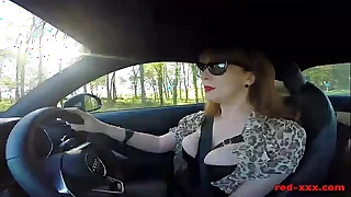 British mature Red fingers her cunt in the passenger car again